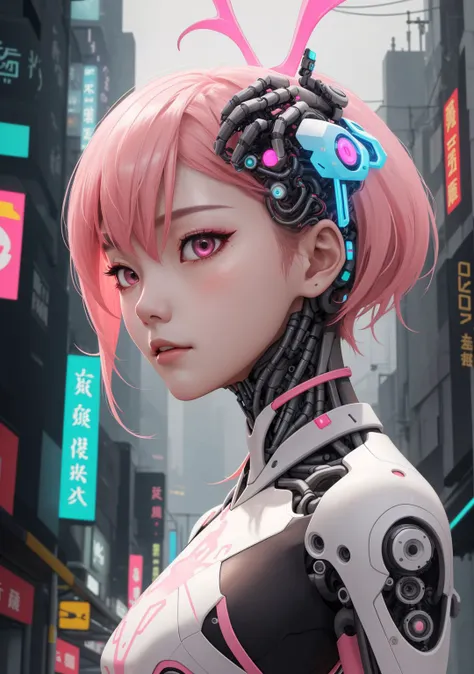 chinese clothes,neon,1 girl,chinese clothes,in white and pink,cyberpunk city,dynamic pose,headdress,hair ornament,cyberpunk,a high-tech city,full of machinery and futuristic element,futurism,technology,outdoors,standing,short hair,(portrait:1.1),china dress,close-up,<lora:translucent_skin:0.8>, translucent skin,mechanical,