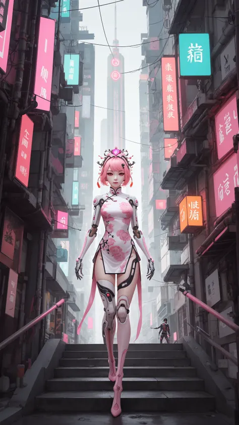chinese clothes,neon,1 girl,chinese clothes,in white and pink,cyberpunk city,dynamic pose,headdress,hair ornament,cyberpunk,a high-tech city,full of machinery and futuristic element,futurism,technology,outdoors,standing,short hair,(portrait:1.1),china dress,<lora:translucent_skin:0.7>,translucent skin,mechanical,