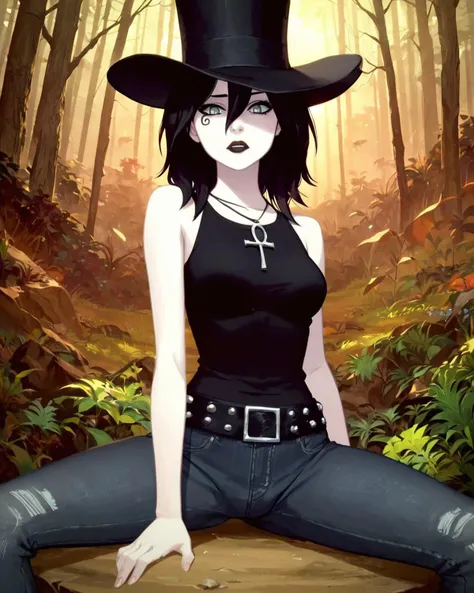 <lora:d_endless_pny:0.8> D_endless, 1girl, black hair, medium hair, hair between eyes, (pale skin:1.4), white body, grey eyes, medium breasts, facial mark, necklace, ankh necklace, black top, bare shoulders, studded belt, denim, black pants, black lips, goth, looking at viewer, forest, anime screencap, sitting, legs spread, top hat, score_9, score_8_up, score_7_up, score_6_up, score_5_up, score_4_up, ponypositive,