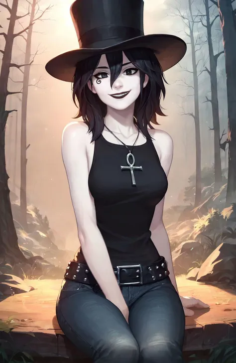 <lora:d_endless_pny-9:0.7> D_endless, 1girl, black hair, medium hair, hair between eyes, (pale skin:1.4), white body, black eyes, medium breasts, facial mark, necklace, ankh necklace, black top, bare shoulders, studded belt, denim, black pants, black lips, goth, looking at viewer, overcast, cloudy, forest, anime screencap, sitting, top hat, smile, fog, score_9, score_8_up, score_7_up, score_6_up, score_5_up, score_4_up, ponypositive,