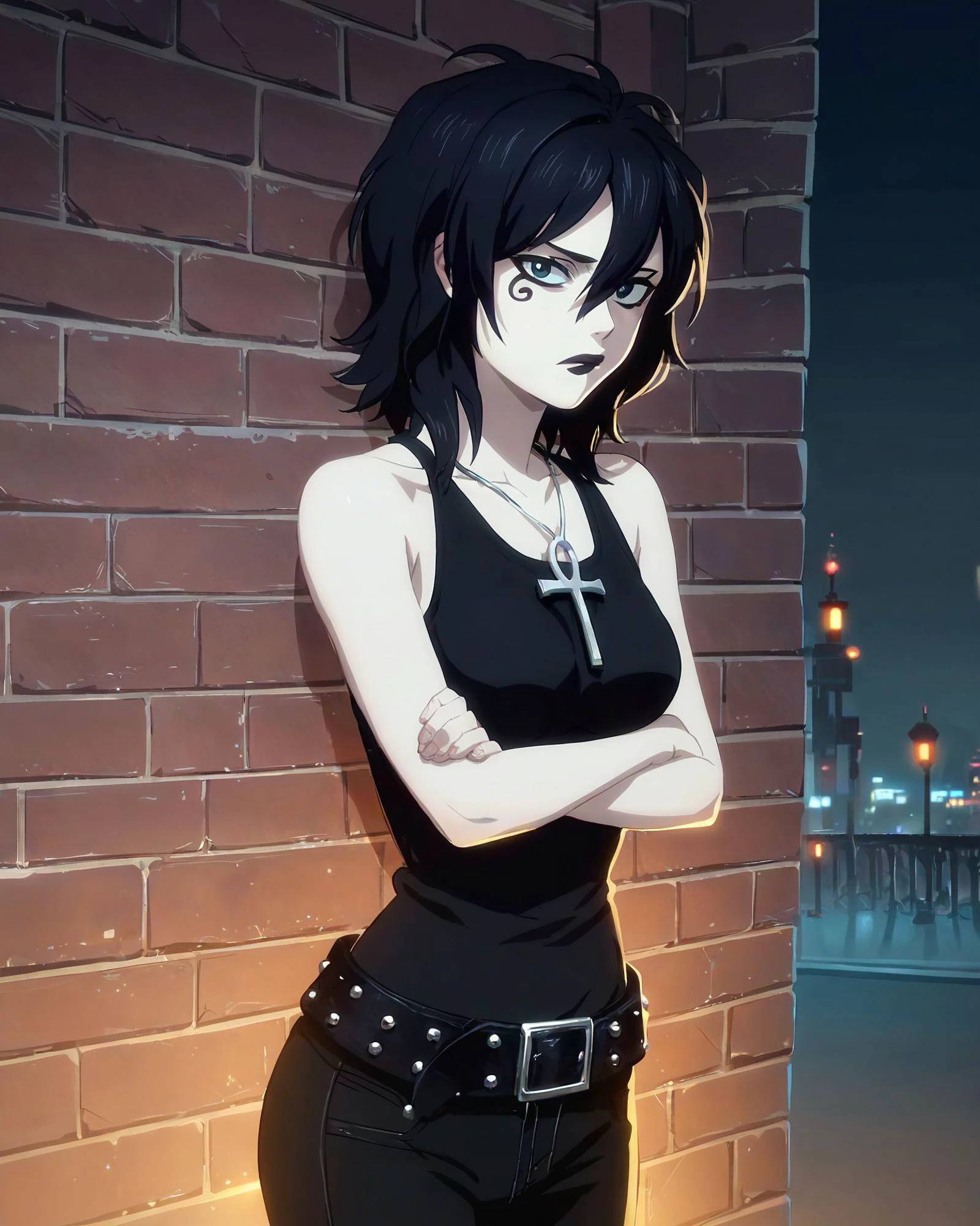 <lora:d_endless_pny:0.8> D_endless, 1girl, black hair, medium hair, hair between eyes, pale skin, white body, medium breasts, facial mark, necklace, ankh necklace, black top, bare shoulders, studded belt, black pants, leaning against brick wall, looking at viewer, black lips, goth, night, arms crossed, cleavage, city, anime screencap, score_9, score_8_up, score_7_up, score_6_up, score_5_up, score_4_up, ponypositive,