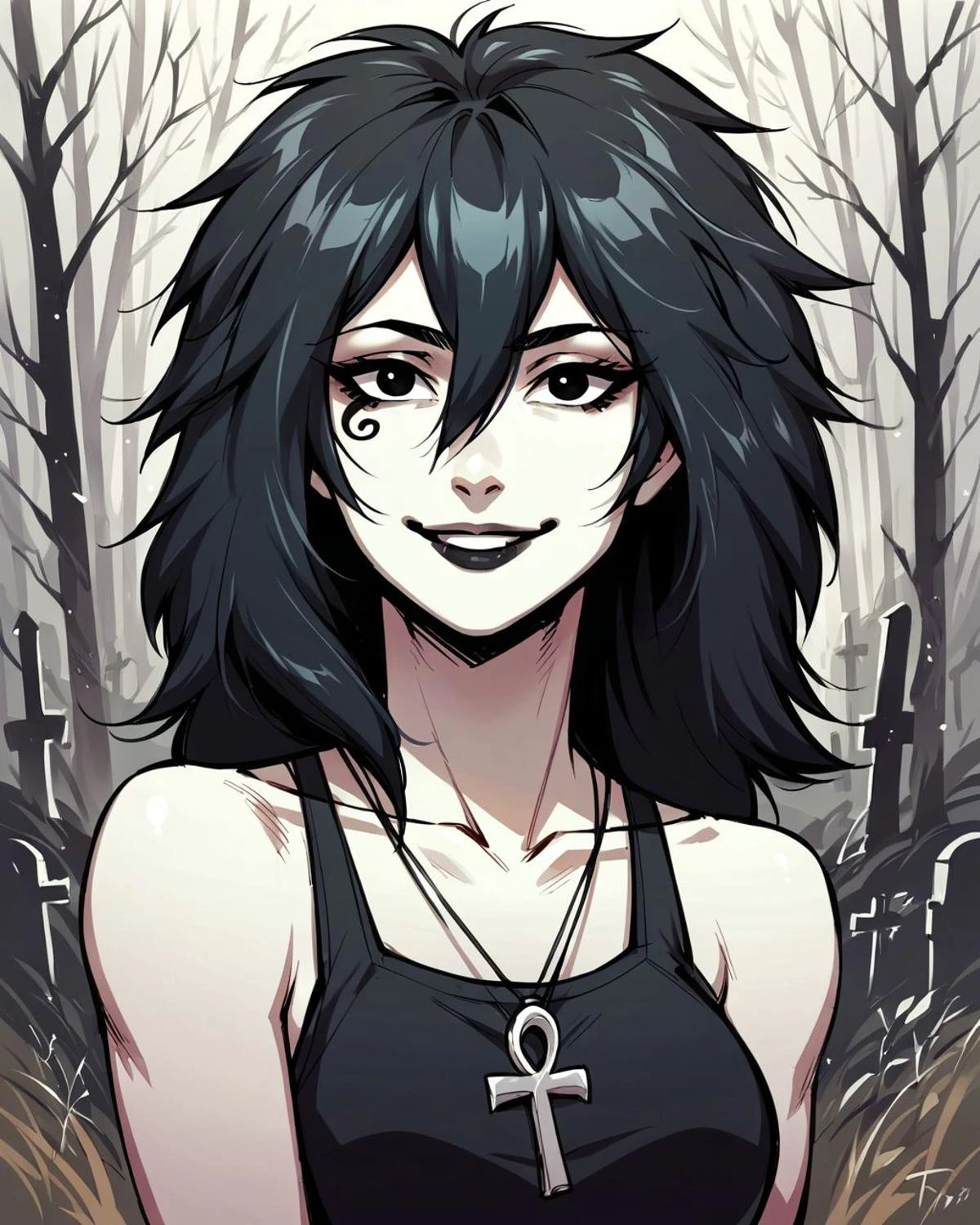 <lora:d_endless_pny:0.8> score_9, score_8_up, score_7_up, score_6_up, score_5_up, score_4_up, sketch, graphite \(medium\), sepia, portrait, D_endless, 1girl, black hair, medium hair, hair between eyes, pale skin, black eyes, white body, medium breasts, facial mark, necklace, ankh necklace, black top, bare shoulders, black lips, goth, looking at viewer, forest, smile, graveyard