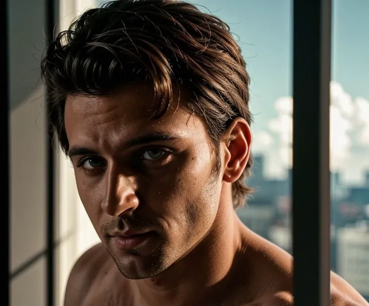 Ultra Realistic photo of hrwx man <lora:HrithikRoshanDogu:1>, wearing tight white clothes laying on a plush bed, dappled light across his body, window looking out onto a beautiful sky, ((masterpiece)), natural skin, natural body muscle definitions, adobe lightroom, photolab, intricate, highly detailed, sharp focus, insane details, intricate details, hyperdetailed, low contrast, soft cinematic light, exposure blend, dim colors, dim light, Award - winning, with Kodak Portra 800, a Hasselblad 500 ,55mm f/ 1.9 lens, extreme depth of field, available light, high contrast, Ultra HD, HDR, DTM, 8K,