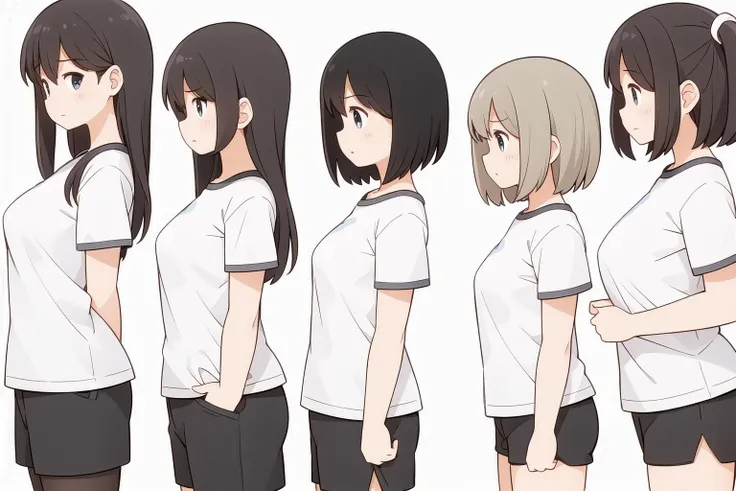 5girls,bust_chart,(white background:1.2),(looking at viewer:1.0),t-shirt, ,white background, (flat chest:1), (small breasts:1), (large breasts:1.1), <lora:bust_chart_v10a:0.4> black shorts,, best quality ,masterpiece,