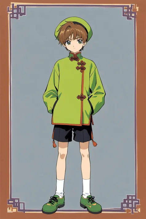 Li Syaoran, solo, green eyes, brown hair, shorts, male focus, hat, 1boy, full body, socks, white socks, black shorts, standing, chinese clothes, green headwear, long sleeves, hands in pockets, looking at viewer, green footwear, closed mouth, shoes, short hair, shirt, white shirt, bangs,<lora:Card Captor Sakura Anime_XL:0.8>