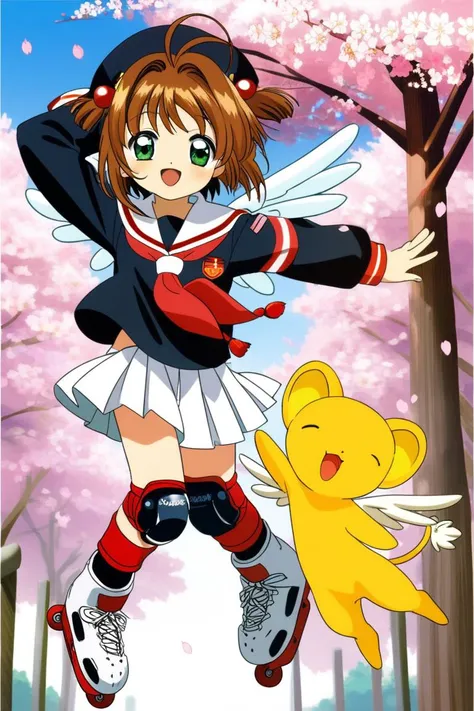 1girl, kero, brown hair, kinomoto sakura, white skirt, inline skates,, tomoeda elementary school uniform, cherry blossoms, green eyes,, open mouth, hat, petals, short hair, smile, pleated skirt, hair bobbles, knee pads, full body, bangs, looking at viewer, antenna hair, hair ornament, black shirt, wings, long sleeves, neckerchief, sailor collar, outdoors, day, <lora:Card Captor Sakura Anime_XL:0.8>