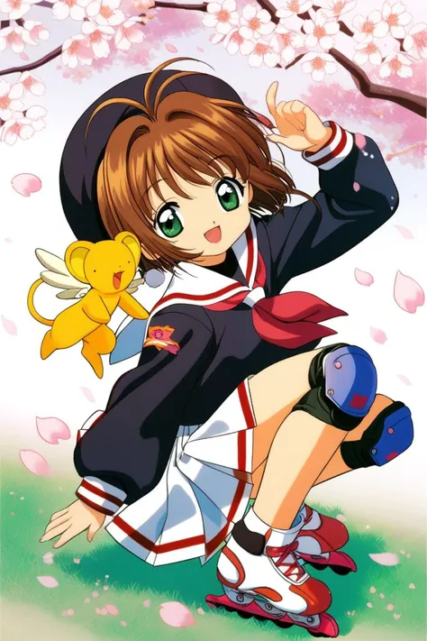 1girl, kero, brown hair, kinomoto sakura, white skirt, inline skates,, tomoeda elementary school uniform, cherry blossoms, green eyes,, open mouth, hat, petals, short hair, smile, pleated skirt, hair bobbles, knee pads, full body, bangs, looking at viewer, antenna hair, hair ornament, black shirt, wings, long sleeves, neckerchief, sailor collar, outdoors, day, <lora:Card Captor Sakura Anime_XL:0.8>