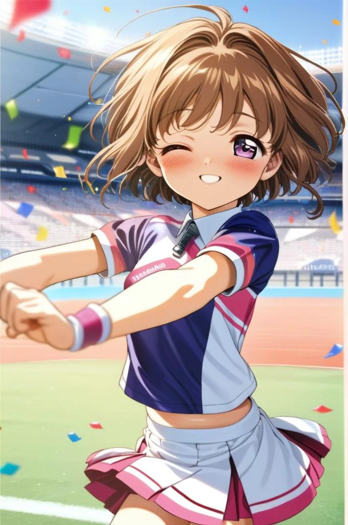 solo,1girl,yo,cheer uniform,miniskirt,pompon,dancing,small breasts, confetti,shiny skin,smile,outdoor,stadium,brown shorthair,kinomoto sakura,ultra-detailed,masterpiece,best quality <lora:XDetail_light:1.3> <lora:Card Captor Sakura Anime_XL:0.8>