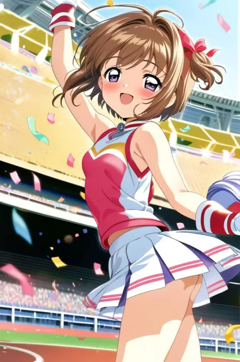 solo,1girl,cheer uniform,miniskirt,pompon,dancing,small breasts, confetti,shiny skin,smile,outdoor,stadium,brown shorthair,kinomoto sakura,ultra-detailed,masterpiece,best quality <lora:XDetail_light:1.3> <lora:Card Captor Sakura Anime_XL:0.8>