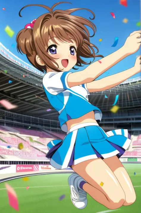 solo,1girl,yo,cheer uniform,miniskirt,pompon,jumping,small breasts, confetti,shiny skin,open mouth,smile,outdoor,stadium,brown shorthair,kinomoto sakura,ultra-detailed,masterpiece,best quality <lora:XDetail_light:1.3> <lora:Card Captor Sakura Anime_XL:0.8>