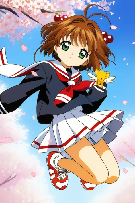 1girl, kero, brown hair, kinomoto sakura, white skirt, tomoeda elementary school uniform, cherry blossoms, green eyes,jumping,close up, short hair, smile, pleated skirt, hair bobbles, sneakers, full body, bangs, looking at viewer, antenna hair, hair ornament, black shirt, wings, long sleeves, neckerchief, sailor collar, outdoors, strong wind, <lora:Card Captor Sakura Anime_XL:0.8>