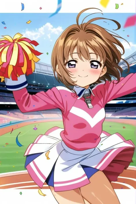 solo,1girl,cheer uniform,miniskirt,pompon,dancing,small breasts, confetti,shiny skin,smile,outdoor,stadium,brown shorthair,kinomoto sakura,ultra-detailed,masterpiece,best quality <lora:XDetail_light:1.3>  <lora:Card Captor Sakura Anime_XL:0.8>