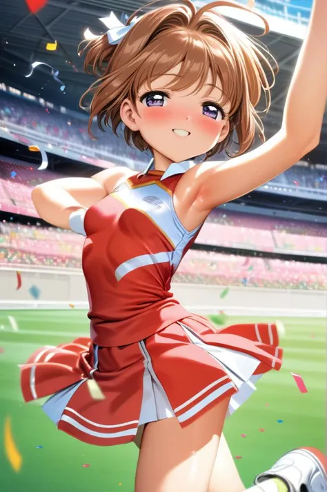 solo,1girl,cheer uniform,miniskirt,pompon,dancing,small breasts, confetti,shiny skin,smile,outdoor,stadium,brown shorthair,kinomoto sakura,ultra-detailed,masterpiece,best quality <lora:XDetail_light:1.3> <lora:Card Captor Sakura Anime_XL:0.8>