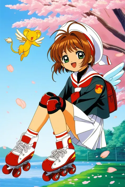 roller skates, 1girl, kero, brown hair, kinomoto sakura, white skirt, inline skates, skates, tomoeda elementary school uniform, cherry blossoms, school uniform, skirt, green eyes, white headwear, bag, backpack, open mouth, hat, 1990s (style), petals, short hair, smile, retro artstyle, pleated skirt, hair bobbles, :d, knee pads, full body, bangs, looking at viewer, serafuku, antenna hair, female child, hair ornament, creature, black shirt, wings, long sleeves, neckerchief, sailor collar, outdoors, shirt, day, <lora:Card Captor Sakura Anime_XL:0.8>