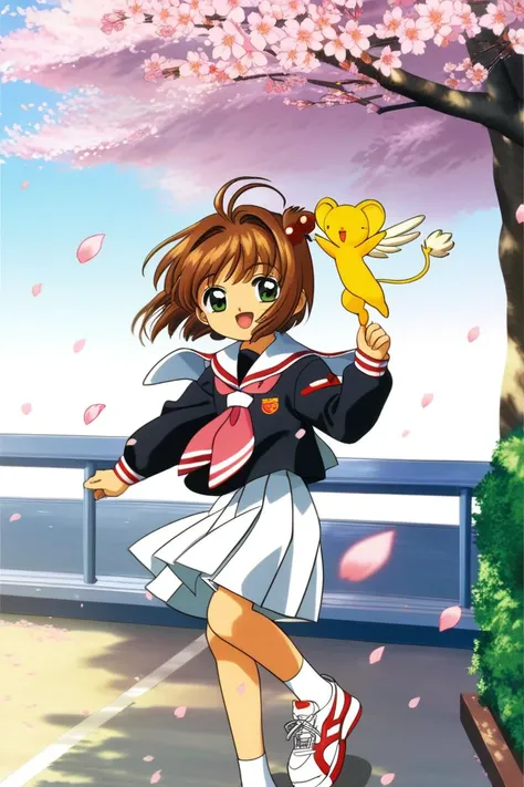1girl, kero, brown hair, kinomoto sakura, white skirt, tomoeda elementary school uniform, cherry blossoms, green eyes,, open mouth, petals, short hair, smile, pleated skirt, hair bobbles, sneakers, full body, bangs, looking at viewer, antenna hair, hair ornament, black shirt, wings, long sleeves, neckerchief, sailor collar, outdoors, strong wind, <lora:Card Captor Sakura Anime_XL:0.8>