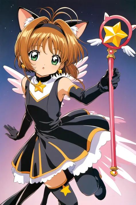 1girl, animal ears, cat ears, solo, black dress, dress, 1990s (style), green eyes, kinomoto sakura, black gloves, gloves, thighhighs, retro artstyle, holding, wand, short hair, looking at viewer, single thighhigh, blonde hair, white background, elbow gloves, antenna hair, fake animal ears, magical ????, black thighhighs, cowboy shot, hairband, ribbon, bangs, holding wand, wings, short dress, jewelry, brown hair, star (symbol), standing, :o, parted lips, earrings, simple background,<lora:Card Captor Sakura Anime_XL:0.8>