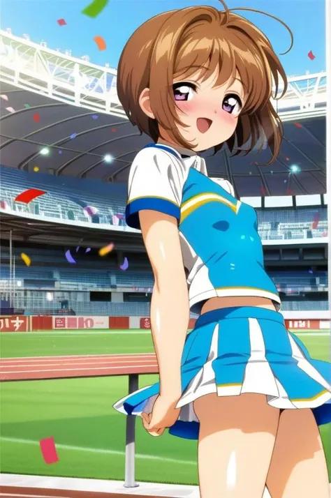 solo,1girl,yo,cheer uniform,miniskirt,small breasts, confetti,shiny skin,open mouth,smile,stylish pose,outdoor,stadium,brown shorthair,kinomoto sakura,ultra-detailed,masterpiece,best quality <lora:XDetail_light:1.3>  <lora:Card Captor Sakura Anime_XL:0.8>