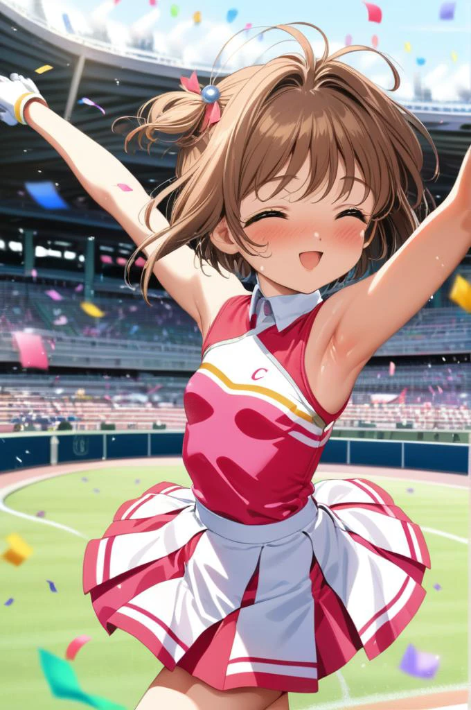 solo,1girl,cheer uniform,miniskirt,pompon,dancing,small breasts, confetti,shiny skin,smile,outdoor,stadium,brown shorthair,kinomoto sakura,ultra-detailed,masterpiece,best quality <lora:XDetail_light:1.3> <lora:Card Captor Sakura Anime_XL:0.8>