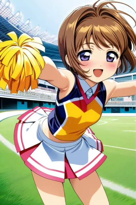 solo,1girl,yo,cheer uniform,miniskirt,small breasts,shiny skin,open mouth,smile,stylish pose,outdoor,stadium,brown shorthair,kinomoto sakura,ultra-detailed,masterpiece,best quality <lora:XDetail_light:1.3> <lora:Card Captor Sakura Anime_XL:0.8>