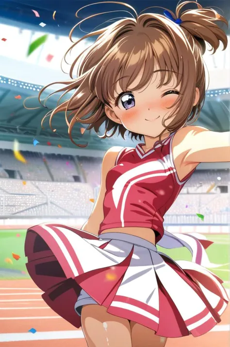 solo,1girl,cheer uniform,miniskirt,pompon,dancing,small breasts, confetti,shiny skin,smile,outdoor,stadium,brown shorthair,kinomoto sakura,ultra-detailed,masterpiece,best quality <lora:XDetail_light:1.3>  <lora:Card Captor Sakura Anime_XL:0.8>