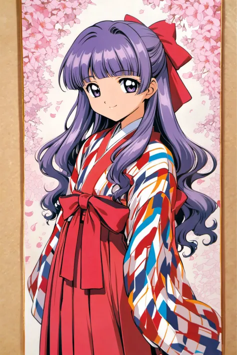 1girl, solo, cherry blossoms, meiji schoolgirl uniform, hakama, long hair, japanese clothes, skirt, hakama skirt, 1990s (style), purple hair, petals, yagasuri, purple eyes, bangs, hair bow, retro artstyle, bow, daidouji tomoyo, smile, kimono, long sleeves, red hakama, red bow, wavy hair, wide sleeves, looking at viewer, blunt bangs, flower, traditional media,cowboy shot,<lora:Card Captor Sakura Anime_XL:0.8>