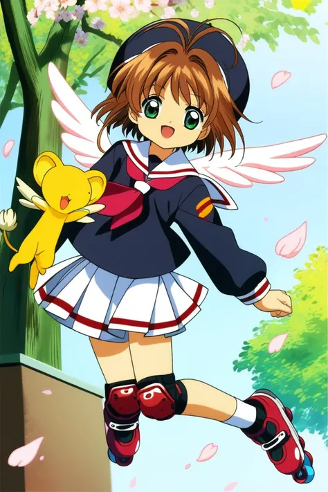 1girl, kero, brown hair, kinomoto sakura, white skirt, inline skates,, tomoeda elementary school uniform, cherry blossoms, green eyes,, open mouth, hat, petals, short hair, smile, pleated skirt, hair bobbles, knee pads, full body, bangs, looking at viewer, antenna hair, hair ornament, black shirt, wings, long sleeves, neckerchief, sailor collar, outdoors, day, <lora:Card Captor Sakura Anime_XL:0.8>