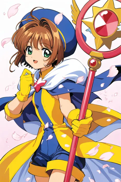 1girl, kinomoto sakura, brown hair, yellow gloves, solo, hat, green eyes, gloves, short hair, petals, magical ????, smile, blue headwear, cape, open mouth, shorts, cowboy shot, looking at viewer, staff,<lora:Card Captor Sakura Anime_XL:0.8>