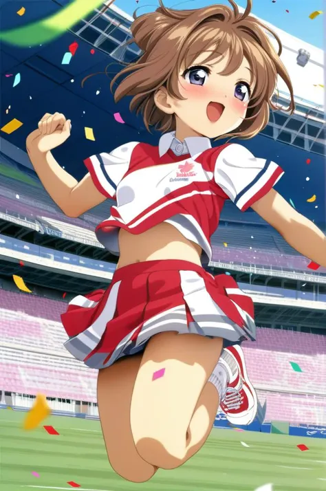 solo,1girl,yo,cheer uniform,miniskirt,pompon,jumping,small breasts, confetti,shiny skin,open mouth,smile,outdoor,stadium,brown shorthair,kinomoto sakura,ultra-detailed,masterpiece,best quality <lora:XDetail_light:1.3> <lora:Card Captor Sakura Anime_XL:0.8>