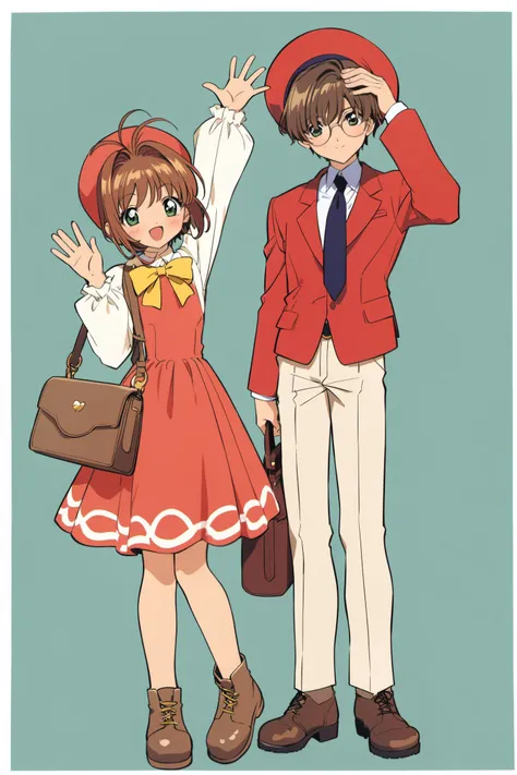 1girl, 1boy, glasses, brown hair, bag, hat, jacket, smile, long sleeves, open mouth, waving, :d, short hair, blush, brown footwear, looking at viewer, white background, bangs, bow, dress, green eyes, shoulder bag, antenna hair, red headwear, simple background, grey hair, boots, red dress, yellow bow, kinomoto sakura, black eyes, border, handbag, bowtie, hand up, hair between eyes, full body, round eyewear, closed mouth, necktie, shirt,<lora:Card Captor Sakura Anime_XL:0.8>