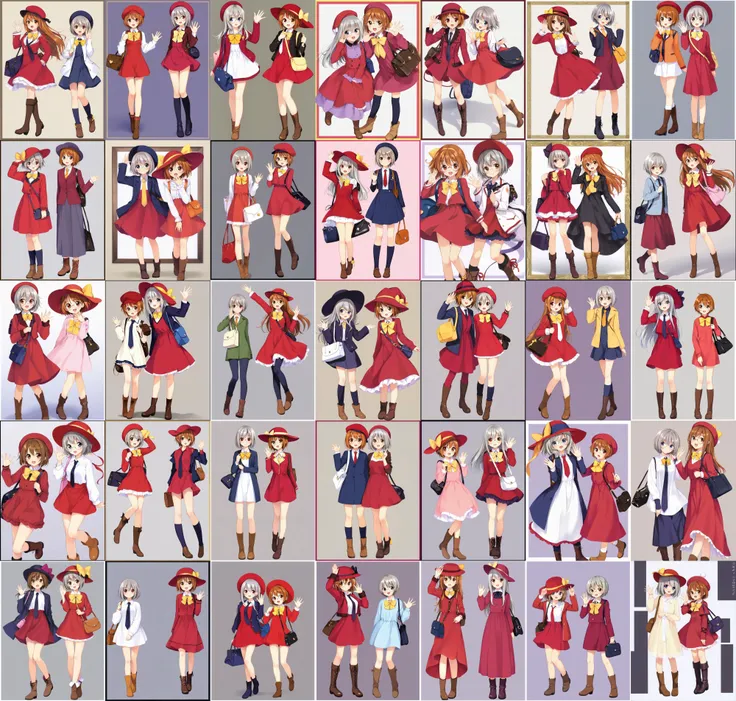 2girls, 1girl kinomoto sakura with orange brown hair, 1girl daidouji tomoyo with purple black long hair, bag, hat, jacket, smile, long sleeves, open mouth, waving, :d, short hair, blush, brown footwear, looking at viewer, white background, bangs, bow, dress, shoulder bag, red headwear, simple background, grey hair, boots, red dress, yellow bow, border, handbag, bowtie, hand up, hair between eyes, full body, round eyewear, closed mouth, necktie, shirt,<lora:Card Captor Sakura Anime_XL:0.8>