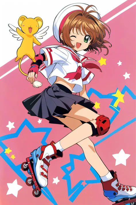 1girl, roller skates, skates, kinomoto sakura, kero, one eye closed, brown hair, skirt, knee pads, school uniform, white headwear, green eyes, gloves, elbow pads, tomoeda elementary school uniform, hat, star (symbol), short hair, pleated skirt, fingerless gloves, inline skates, smile, short sleeves, full body, open mouth, serafuku, antenna hair, black skirt, shirt, white shirt, white sailor collar, sailor collar, pink gloves,<lora:Card Captor Sakura Anime_XL:0.8>