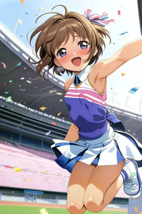 solo,1girl,yo,cheer uniform,miniskirt,pompon,jumping,small breasts, confetti,shiny skin,open mouth,smile,outdoor,stadium,brown shorthair,kinomoto sakura,ultra-detailed,masterpiece,best quality <lora:XDetail_light:1.3> <lora:Card Captor Sakura Anime_XL:0.8>