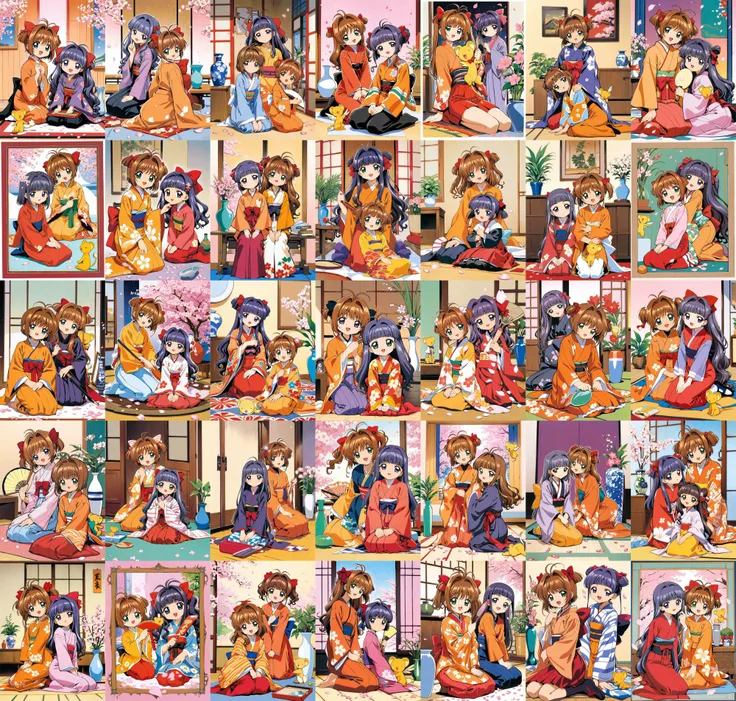 traditional media, 1990s \(style\), retro artstyle, cowboy shot, sash, indoors, flower, vase, potted plant, plant, zabuton, kero, female child, picture frame, BREAK
2girls of the same height, a girl kinomoto sakura, japanese clothes, seiza, kimono, brown short hair, floral print, long sleeves, obi, green eyes, sitting, bangs, antenna hair, short hair, smile, looking at viewer, hair intakes, hand fan, open mouth, print kimono, hair ornament, wide sleeves, full body, solo, head tilt, :d, orange kimono, two side up, ribbon, cherry blossoms, meiji schoolgirl uniform, hakama, BREAK
another girl daidouji tomoyo, long hair, japanese clothes, skirt, hakama skirt, purple black long hair, petals, yagasuri, purple eyes, hair bow, bow, long sleeves, red hakama, red bow, wavy hair, wide sleeves, looking at viewer, blunt bangs, <lora:Card Captor Sakura Anime_XL:0.8>