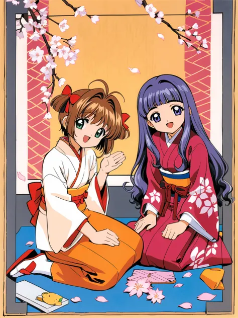 traditional media, 1990s \(style\), retro artstyle, cowboy shot, sash, indoors, flower, vase, potted plant, plant, zabuton, kero, picture frame, hands, 5fingers, BREAK
(9yo 2girls), holding hands, a girl kinomoto sakura, looking at viewer, japanese clothes, seiza, kimono, tabi with split toe, brown short hair, floral print, long sleeves, obi, green eyes, sitting, bangs, antenna hair, short hair, smile, hair intakes, hand fan, open mouth, print kimono, hair ornament, wide sleeves, full body, solo, head tilt, :d, orange kimono, two side up, ribbon, cherry blossoms, meiji schoolgirl uniform, hakama, BREAK
another girl daidouji tomoyo, looking at each other, long hair, japanese clothes, skirt, hakama skirt, tabi with split toe, purple black long hair, petals, yagasuri, purple eyes, hair bow, bow, long sleeves, red hakama, red bow, wavy hair, wide sleeves, blunt bangs, <lora:Card Captor Sakura Anime_XL:0.8>