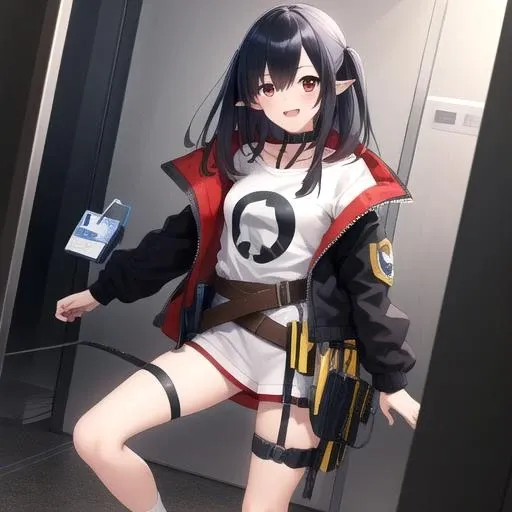 ((masterpiece)),(best quality),official art,extremely detailed CG,unity 8k wallpaper,ultra detailed,1girl,solo,cowboy shot,black_hair,pointy_ears,black_jacket,long_hair,red_eyes,white_shirt,looking_at_viewer,smile,open_jacket,bangs,black_footwear,long_sleeves,shoes,id_card,hair_between_eyes,belt,black_choker,thigh_strap,socks,<lora:Closure(ark)>,