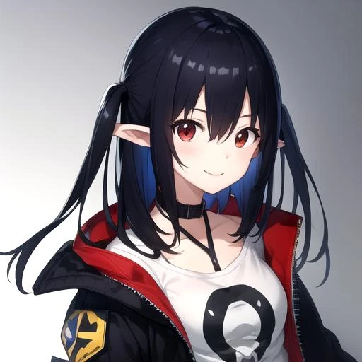 ((masterpiece)),(best quality),official art,extremely detailed CG,unity 8k wallpaper,ultra detailed,1girl,solo,upper body,(portrait:1.2),black_hair,pointy_ears,black_jacket,long_hair,red_eyes,white_shirt,looking_at_viewer,smile,open_jacket,bangs,black_footwear,long_sleeves,shoes,id_card,hair_between_eyes,belt,black_choker,thigh_strap,socks,<lora:Closure(ark)>,