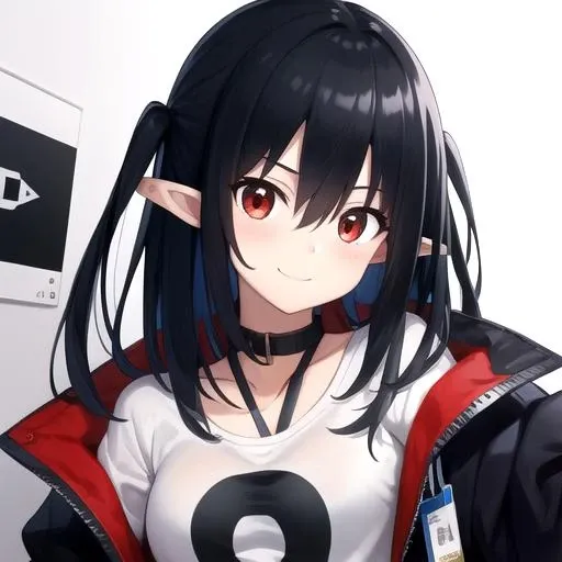 ((masterpiece)),(best quality),official art,extremely detailed CG,unity 8k wallpaper,ultra detailed,1girl,solo,upper body,(portrait:1.2),black_hair,pointy_ears,black_jacket,long_hair,red_eyes,white_shirt,looking_at_viewer,smile,open_jacket,bangs,black_footwear,long_sleeves,shoes,id_card,hair_between_eyes,belt,black_choker,thigh_strap,socks,<lora:Closure(ark)>,
