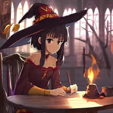 score_9, score_8_up, score_7_up, Slim girl, tiny breasts, narrow waist, wide hips, skinny, tiny, miniscule, petite, small arms, small legs, small body, megumin, bare shoulders, black gloves, black hair, blush, choker, collarbone, dress, fingerless gloves, gloves, hair between eyes, hat, long sleeves, medium hair, off-shoulder dress, off shoulder, red dress, red eyes, sidelocks, witch hat, fire in the background, 1girl, delicate and smooth skin, blush, perfect body, thighs, highly detailed, glossy lips, <lora:Concept Art DarkSide Style LoRA_Pony XL v6:0.8> concept art, <lora:GwentStyle_v2:0.6> gwentstyle <lora:Expressive_H-000001:0.8> expressiveh