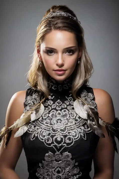 <lora:Katherine_Heigl:0.9> image of a beauty woman with a black tier in the style of Bryan Singer, silver highlights, Bill Gekas, detailed rendering of feathers, tetheshno-software complexes, shepii tone, (intricate details, hyperdetailed:1.15) (skin texture:1.2)