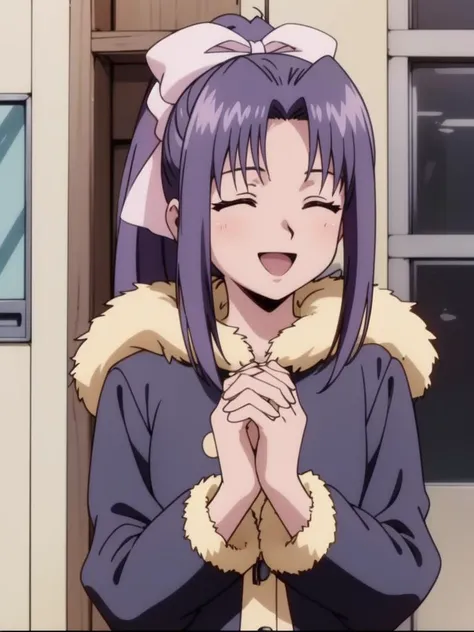 <lora:Koigakubo_Momoko:0.8>, koigakubomomoko, 1girl, solo, closed eyes, own hands together, smile, ponytail, open mouth, purple hair, long hair, :d, long sleeves, fur trim, door, upper body, ^_^, coat, cowboy_Shot,
2000s \(style\), anime, anime_screencap, animated gif, mp4 ,video, animated,
