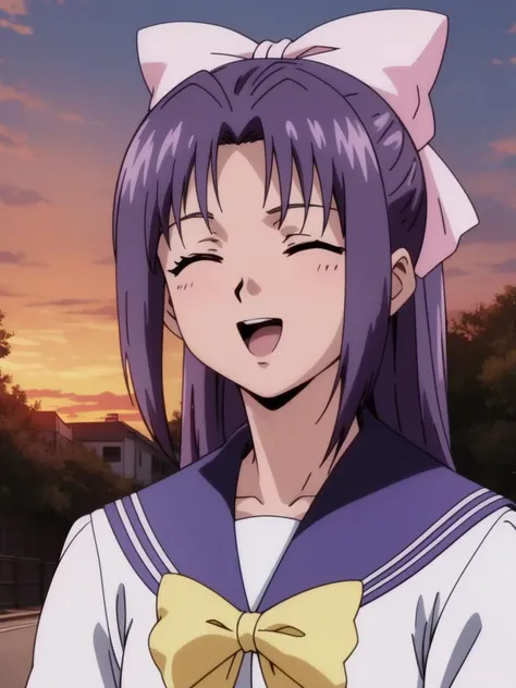 <lora:Koigakubo_Momoko:0.8>, koigakubomomoko, 1girl, solo, school uniform, bow, closed eyes, purple hair, serafuku, long sleeves, yellow bow, long hair, hair bow, sailor collar, smile, pink bow, open mouth,bangs, upper body, sidelocks, purple necktie, outdoor, sunset, 2000s \(style\), anime, anime_screencap, animated gif, mp4 ,video, animated,