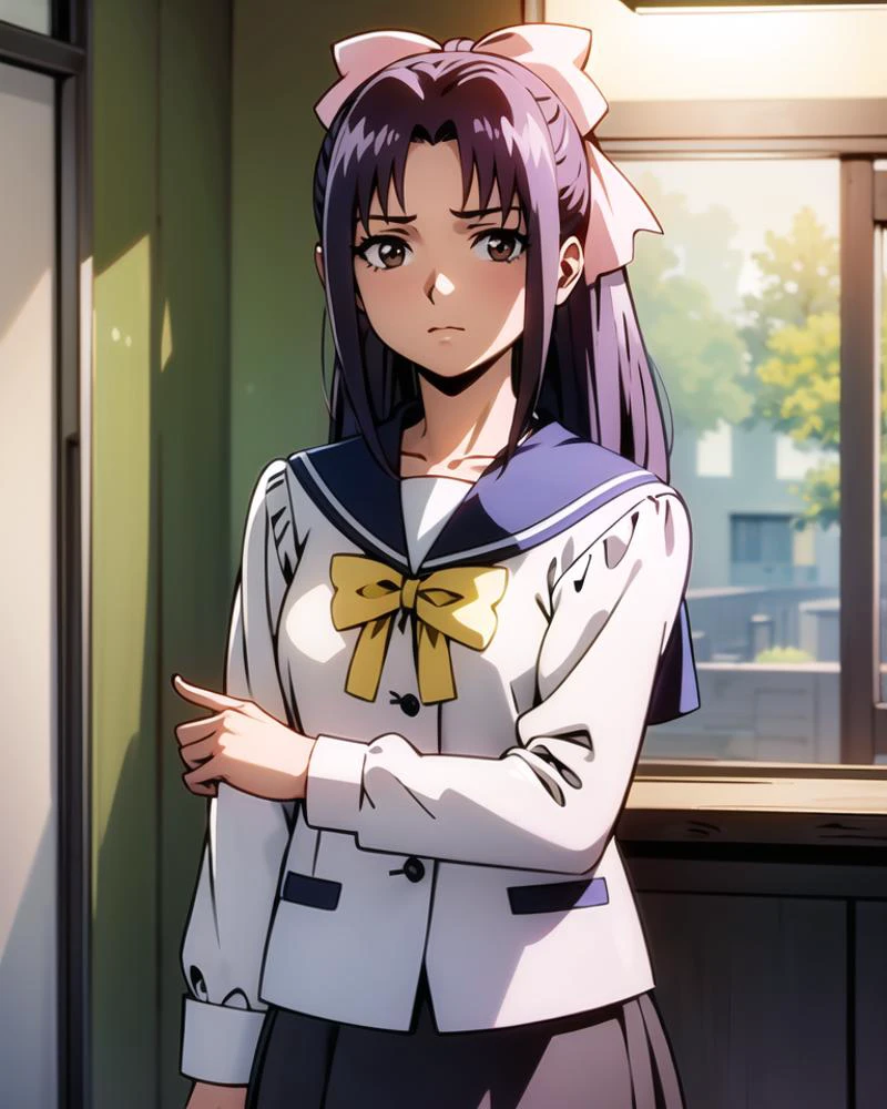 1girl, solo, standing, cowboy shot, indoors,
<lora:Koigakubo_Momoko:0.8>, (koigakubomomoko), bow, school uniform, long sleeves, white serafuku, looking at viewer, sailor collar, skirt, ribbon, yellow bow,