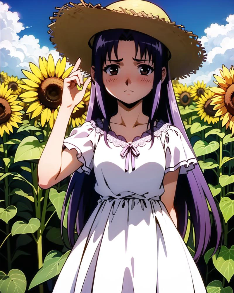 1girl, solo, blush, outdoors, day, summer, Straw hat, sunflower, standing, white dress, frilled dress, lace trim,
<lora:Koigakubo_Momoko:0.7>, (koigakubomomoko, long hair, brown eyes, purple hair),