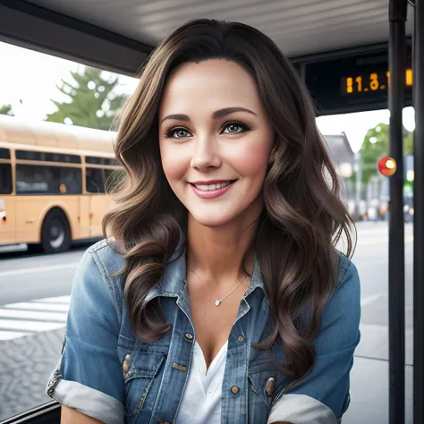 a photo of a lynda-cart3r-ww-t2-2400, (sitting at a bus stop), open smile, dark wavy hair, (8k, RAW photo, highest quality, best quality, masterpiece, ultra-detailed, hires, absurdres, sharp focus:1.2), (photorealistic, hyper-realistic:1.37),