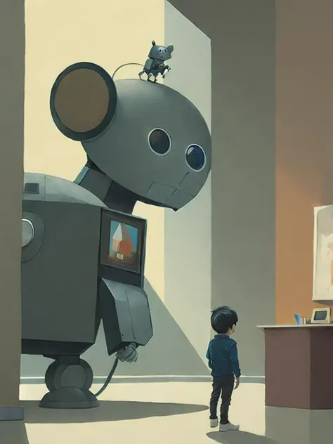 <lora:ShaunTan:1>a little boy standing next to a giant robot in a room with a mouse on the floor by Shaun Tan