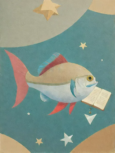 <lora:ShaunTan:1>a painting of a fish with a book in it's mouth and a star flying out of it's mouth by Shaun Tan