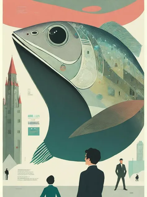 <lora:ShaunTan:1>a poster of a giant fish with people inside of it and a man standing inside of it by Shaun Tan