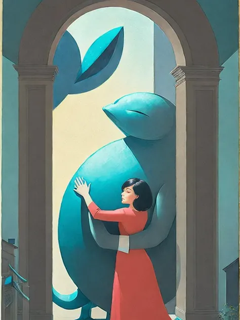 <lora:ShaunTan:1>a painting of a woman hugging a giant blue creature in a room with arched doorways by Shaun Tan
