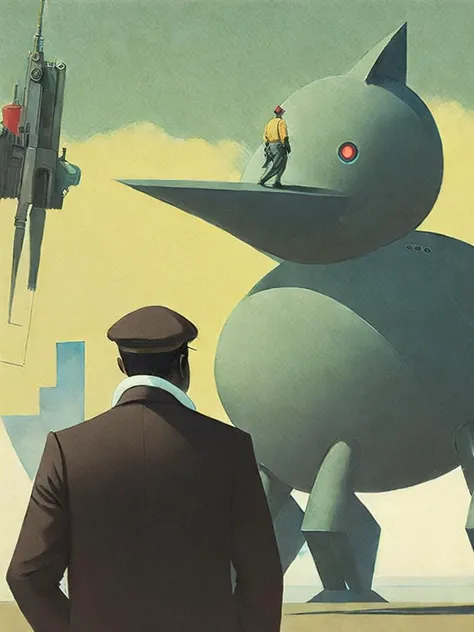 <lora:ShaunTan:1>a painting of a man standing next to a giant creature with a gun in it's hand by Shaun Tan