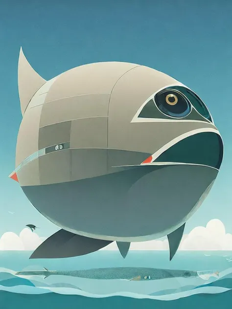 <lora:ShaunTan:1>a large fish with a building on top of it's head in the middle of a body of water by Shaun Tan